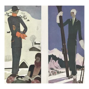 Set of 2-1927 French Art Deco Ski Fashion Prints-By Benigni, Matted