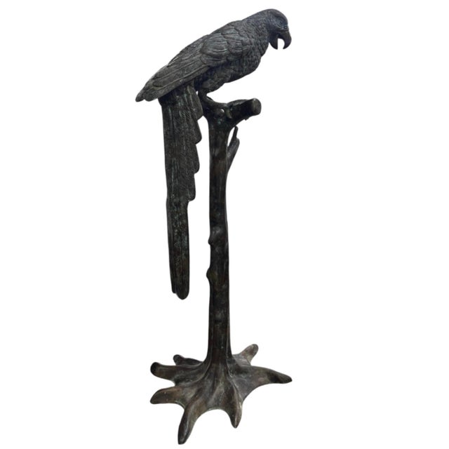 Traditional Vintage Cast Bronze Perched Parrot Sculpture on Naturalistic Tree Stump Base For Sale - Image 3 of 12