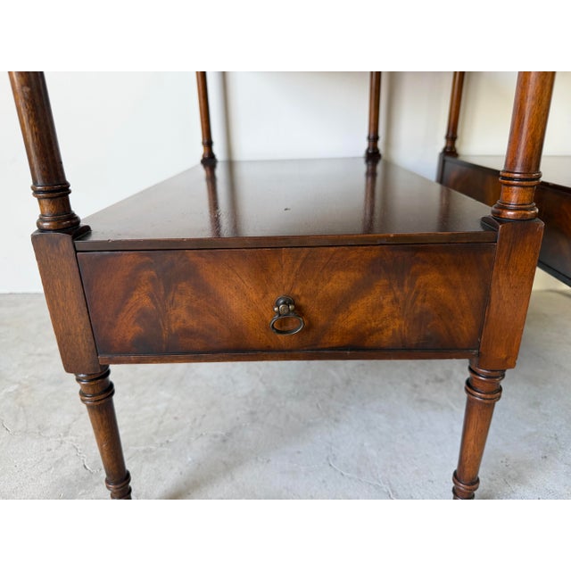 Wood 1960’s Vintage Weiman Heirloom Quality Mahogany & Tooled Leather Top Tiered End Tables on Casters – A Pair For Sale - Image 7 of 12