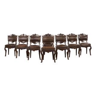 Antique French Louis XV Style Oak Dining Chairs W/ Brown Leather - Set of 8 For Sale