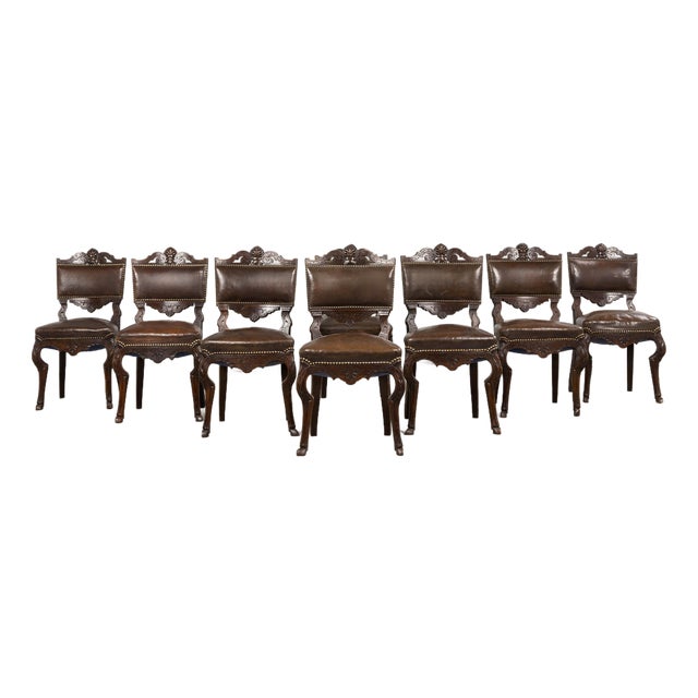 Antique French Louis XV Style Oak Dining Chairs W/ Brown Leather - Set of 8 For Sale