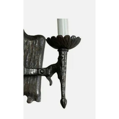 1920s 1920 Tudor Arts and Crafts Double Sconce Blackened Cast Iron by Levolite For Sale - Image 5 of 6
