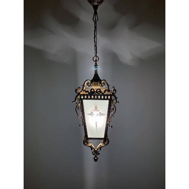 1950s Brass & Etched Glass Cross Lantern For Sale - Image 11 of 11