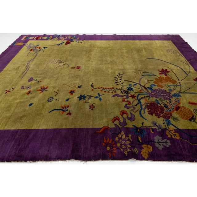 1920s Antique 1920s Art Deco Chinese Rug in Chartreuse Olive and Imperial Violet 9x12 For Sale - Image 5 of 12