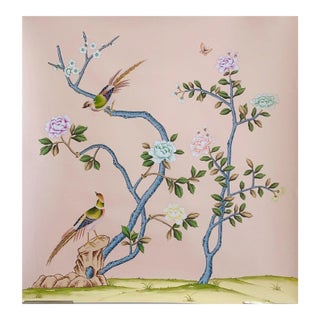 Blush Pink Chinoiserie Garden Mural | Single Panel Hand-Painted Wall Art For Sale