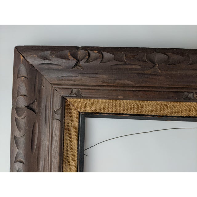 Traditional Large Vintage Arts & Crafts Hand-Carved Dark Brown Wood Frame With Linen Liner For Sale - Image 3 of 11