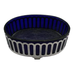 C. 1930s Art Deco Cobalt Glass & Silver Plated Serving Dish