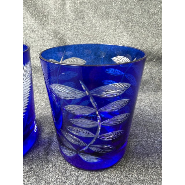 Mid-Century Modern Mid 20th Century Bohemia Cut to Clear Cobalt Etched Tumblers Glasses a Pair For Sale - Image 3 of 15