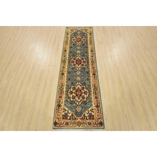 Tribal Heriz Runner 2’4” X 7’10” Blue Wool Traditional Hand-Knotted Oriental Rug For Sale - Image 3 of 12