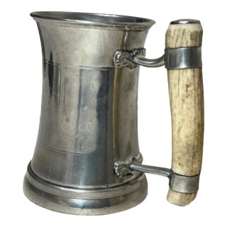 Vintage Handmade Polished Pewter Natural Stag Horn Glass Drinking Mug Stein Cup For Sale