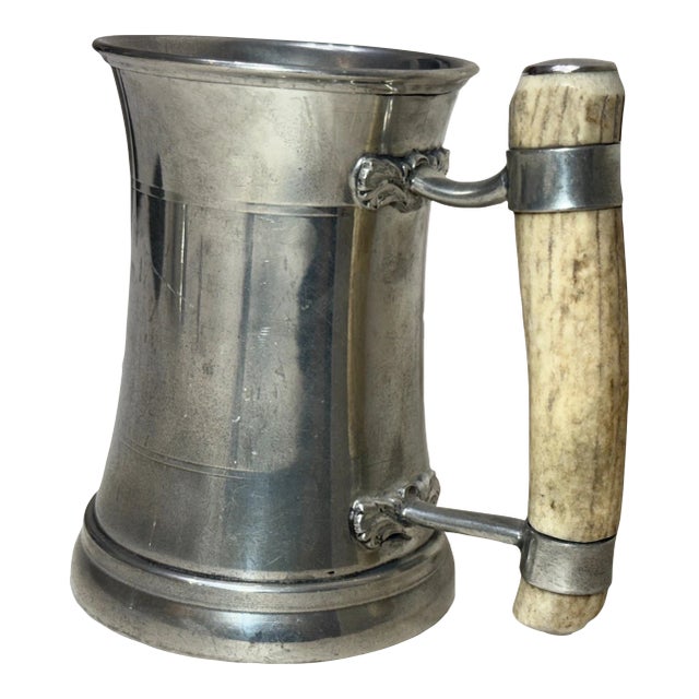 Vintage Handmade Polished Pewter Natural Stag Horn Glass Drinking Mug Stein Cup For Sale