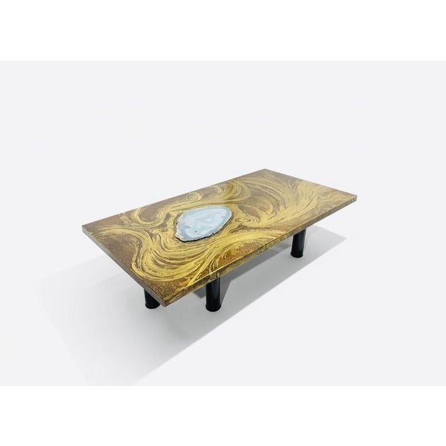Belgian Modern design rectangular and sculptural Brass etched coffee table with inset Agate gemstone on a etched...