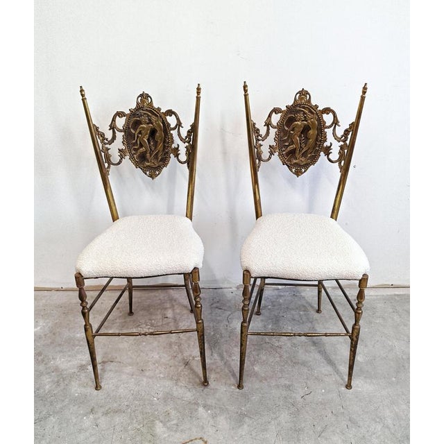 1950s Set of Hollywood Regency Chiavari Brass Side Chairs in Boucle, 1950s For Sale - Image 5 of 11