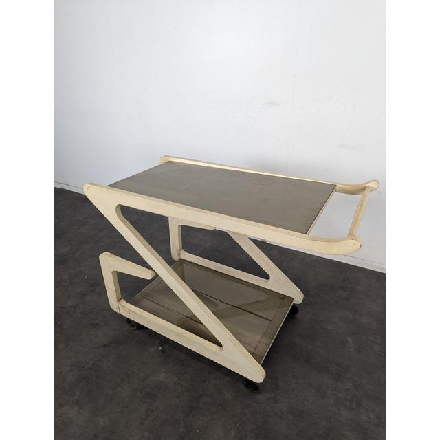 White Lacquered and Smoked Glass Z-Shaped Rolling Serving Cart, 1970s For Sale - Image 3 of 9