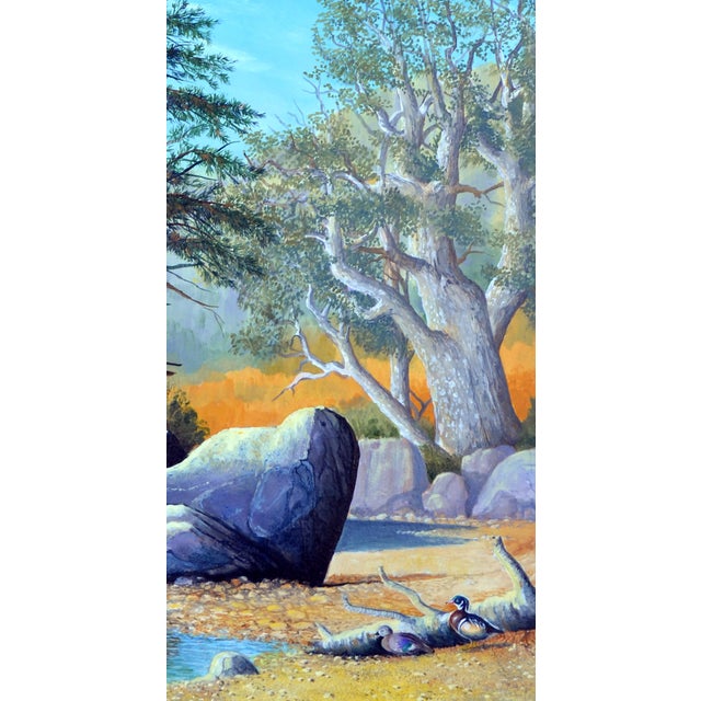 1980s California Landscape Painting of Pond With Ducks, Signed Oil on Canvas by Luke Stamos For Sale - Image 5 of 7