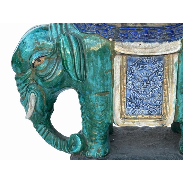 2000 - 2009 Ceramic Handmade Chinese Green Blue Oriental Elephant Pedestal Figure For Sale - Image 5 of 8