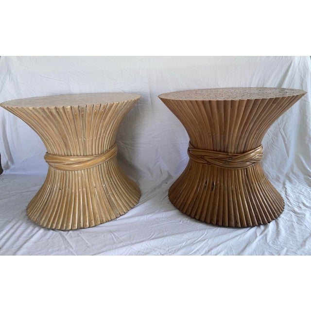 Tan Mid-Century Modern McGuire Round Wheat Bamboo Sheaf Base Side or Accent Tables - Two Available For Sale - Image 8 of 9