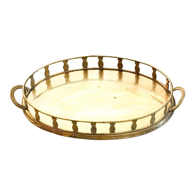 1970s Brass Pineapple Faux Bamboo Tray 20” Regency For Sale