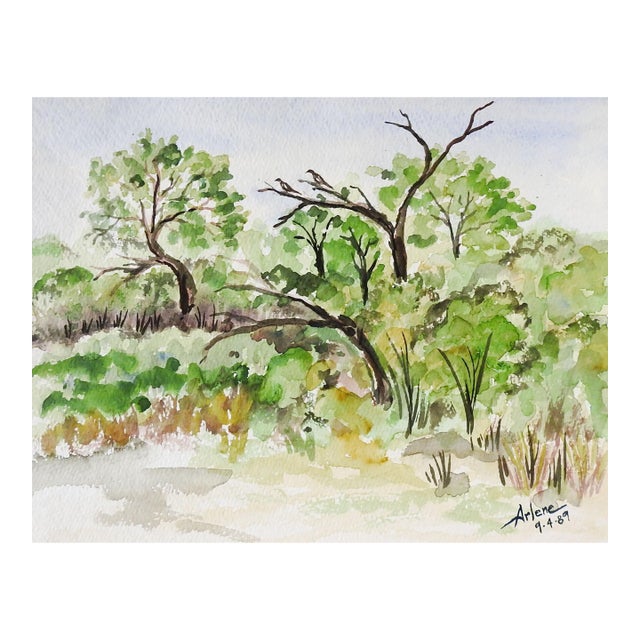 1989 Plein Air Trees & Pasture Landscape Watercolor Painting For Sale