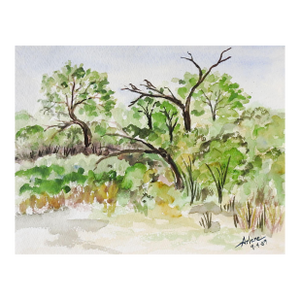 1989 Plein Air Trees & Pasture Landscape Watercolor Painting