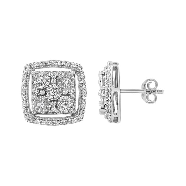 Created in cool sterling silver, these earrings feature 3/8 carats of diamonds. Five princess cut diamonds in a miracle...