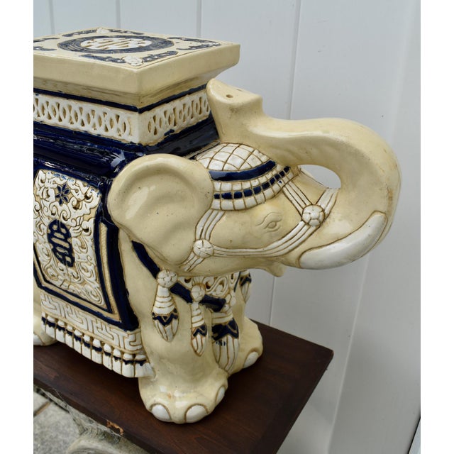Ceramic Elephant Garden Stool Side Table Plant Stand Chinese Cream Blue For Sale - Image 12 of 15