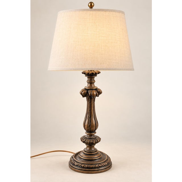 Late 20th Century Vintage Neoclassical Acanthus Table Lamp in Aged Bronze With Ivory Linen Shade For Sale - Image 5 of 6