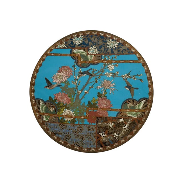 Pair of Japanese Cloisonne Enamel Meiji Plates With Birds and Chrysanthemums For Sale - Image 4 of 4