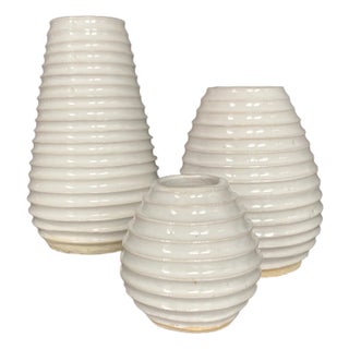 Set of 3 Contemporary Ceramic Vases, White For Sale