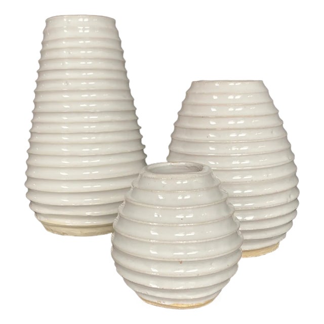 Set of 3 Contemporary Ceramic Vases, White For Sale