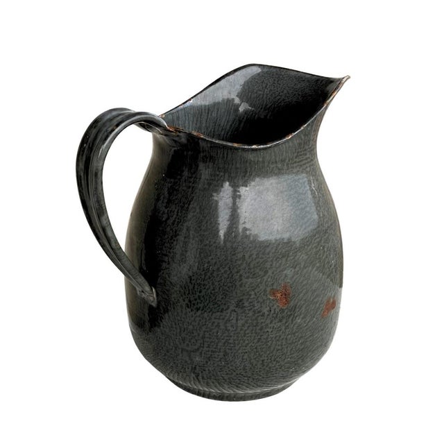 Shabby Chic Vintage Rustic Enameled Large Gray Pitcher For Sale - Image 3 of 9