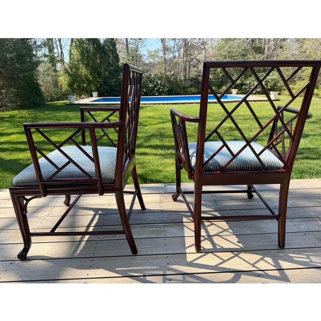 Air of Baker Chinoiserie Lacquered Lounge Chairs With Geometric Lattice Backs & Upholstered Seats For Sale - Image 11 of 18