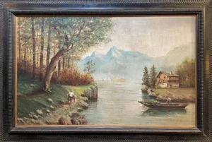 Ettore Percivaldi, Lake Landscape, 20th Century, Oil on Panel, Framed