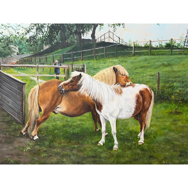 Wood Shetland Groom Original British Equestrian Oil Painting of Two Ponies Framed For Sale - Image 7 of 14