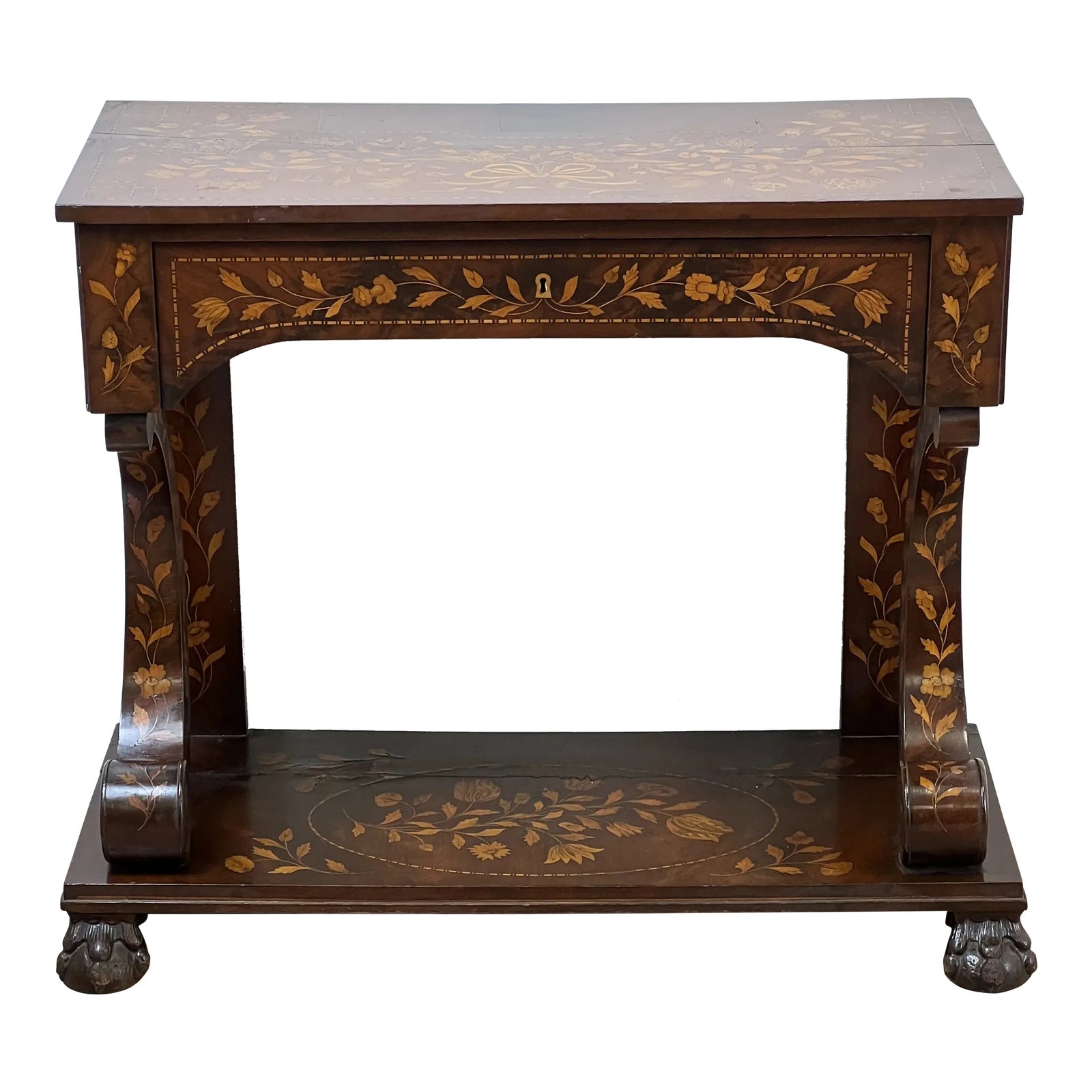 Antique 19th Century Dutch Floral Marquetry Console Pier Table | Chairish