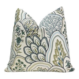 Cream, Blue, Sage Embroidered Throw Pillow With Feather Down Insert For Sale