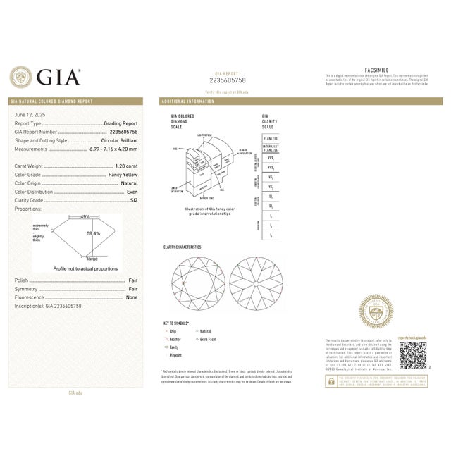 1.28 Ct Gia Certified Natural Fancy Yellow Diamond Ring Size 6.5 For Sale - Image 9 of 9