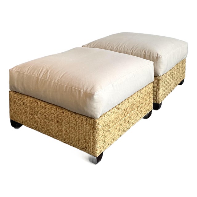 Vintage McGuire Woven Rattan Ottomans - A Pair For Sale