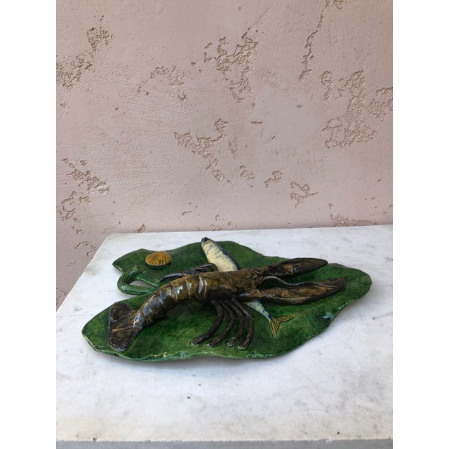 19th Century Majolica Palissy Leaf Wall Fish & Lobster Platter Alfred Renoleau For Sale - Image 9 of 12