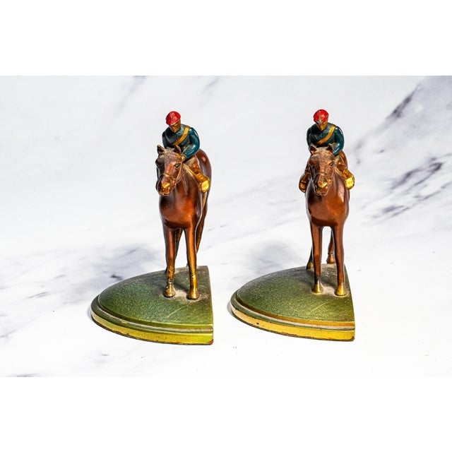Colorful Horse Jockey Antique Cold Painted Bronze Sculpture Statue Bookends Equestrian For Sale - Image 16 of 18