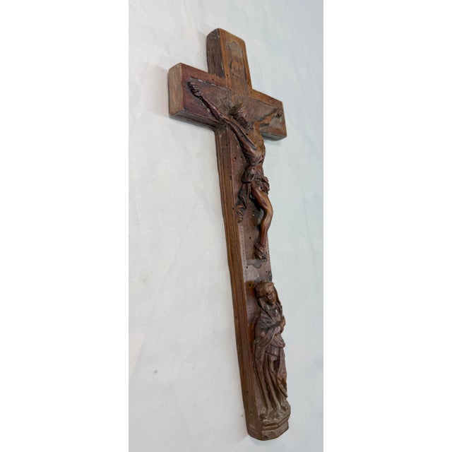 Antique 1700's Hand Carved Wood Religious Jesus Christ Crucified Cross Sculpture For Sale - Image 10 of 14