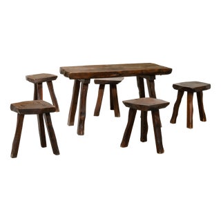 Brutalist Coffee Table and Stools in Blackened Pine, 1960, Set of 6 For Sale