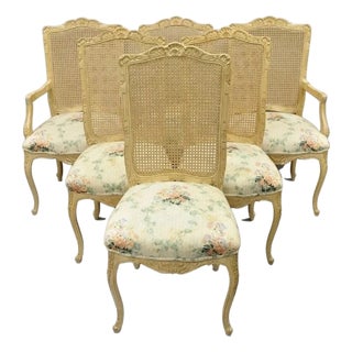 Vintage French Country Louis XV Style Cane Back Painted Dining Chairs - Set of 6 For Sale