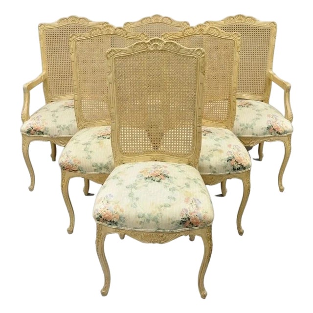 Vintage French Country Louis XV Style Cane Back Painted Dining Chairs - Set of 6 For Sale