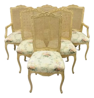 Vintage French Country Louis XV Style Cane Back Painted Dining Chairs - Set of 6