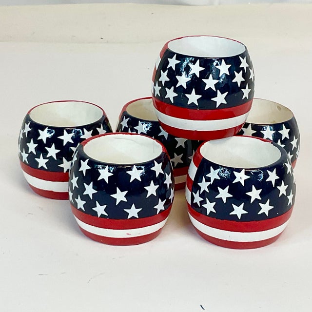 Vintage Americana Arts & Crafts Boho Chic Painted Wood Flag Motif Napkin Rings - Set of 6 - 4th of July For Sale - Image 11 of 14