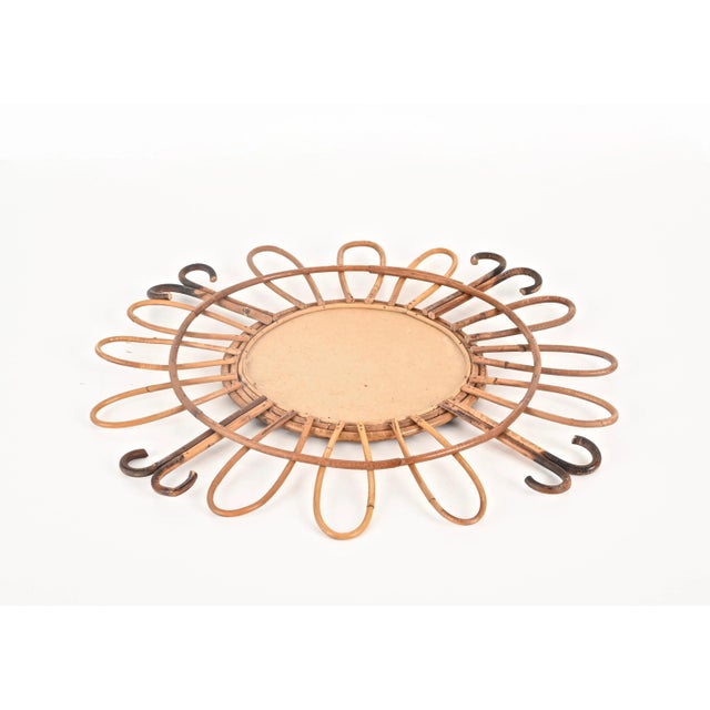 Wood Mid-Century French Riviera Round Sunburst Mirror in Curved Rattan, France, 1970s For Sale - Image 7 of 11
