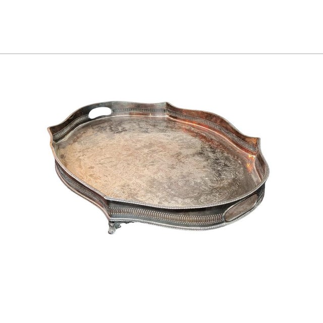 Art Nouveau Antique Sheffield England Huge Oval Footed Gallery Serving Tray For Sale - Image 3 of 9