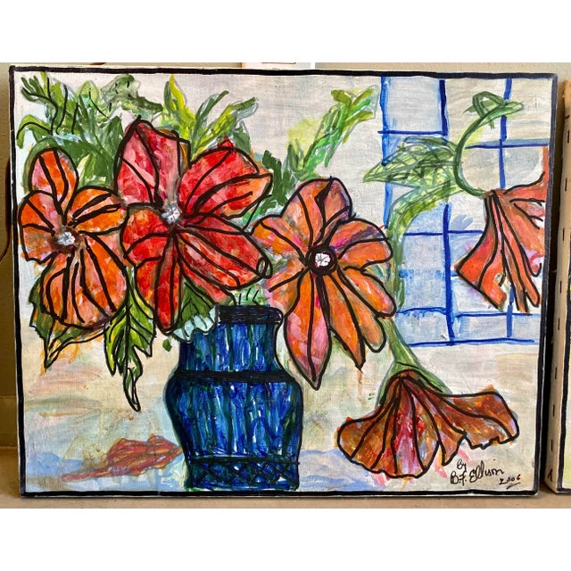 A cute and vibrant pair of still life flower paintings. Oils on canvas, each measures 16” x 20”. They are unframed but the...