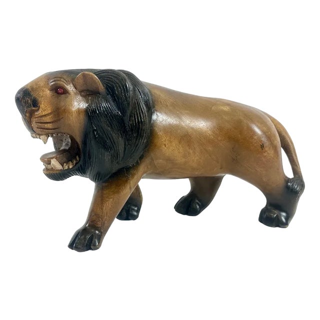 Vintage Wooden Carved Lion Figure, 1930s For Sale